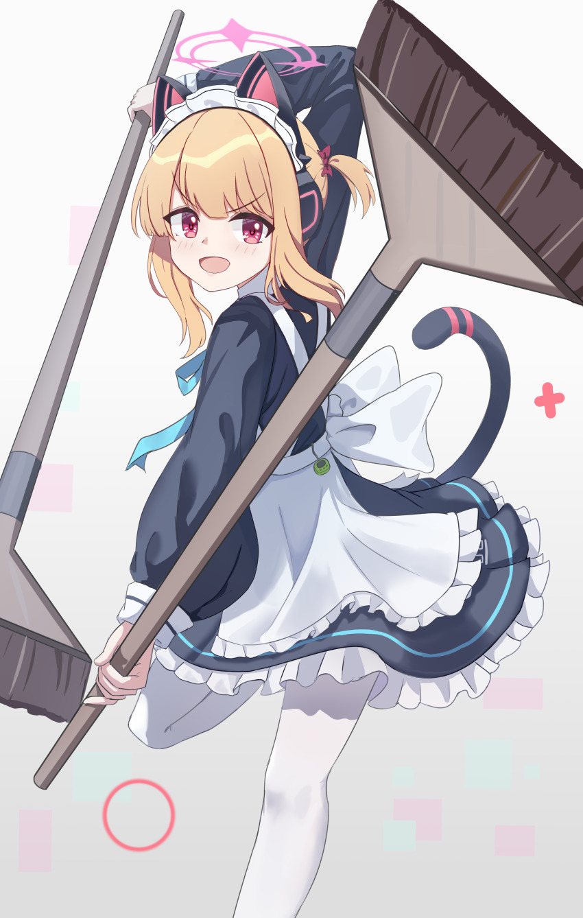 1girl absurdres animal_ear_headphones animal_ears apron arm_up back_bow black_dress blue_archive blush bow broom cat_ear_headphones cat_tail chinese_commentary commentary_request dress dual_wielding fake_animal_ears fake_tail fighting_stance floating_hair foot_out_of_frame foreshortening frilled_apron frilled_dress frills hair_bow halo headphones highres holding holding_broom long_sleeves looking_at_viewer maid maid_apron maid_headdress medium_hair mixian momoi_(blue_archive) momoi_(maid)_(blue_archive) official_alternate_costume official_alternate_hairstyle open_mouth pantyhose pink_halo puffy_long_sleeves puffy_sleeves red_bow red_eyes short_dress simple_background smile smug solo standing standing_on_one_leg tail two_side_up v-shaped_eyebrows white_apron white_background white_bow white_pantyhose