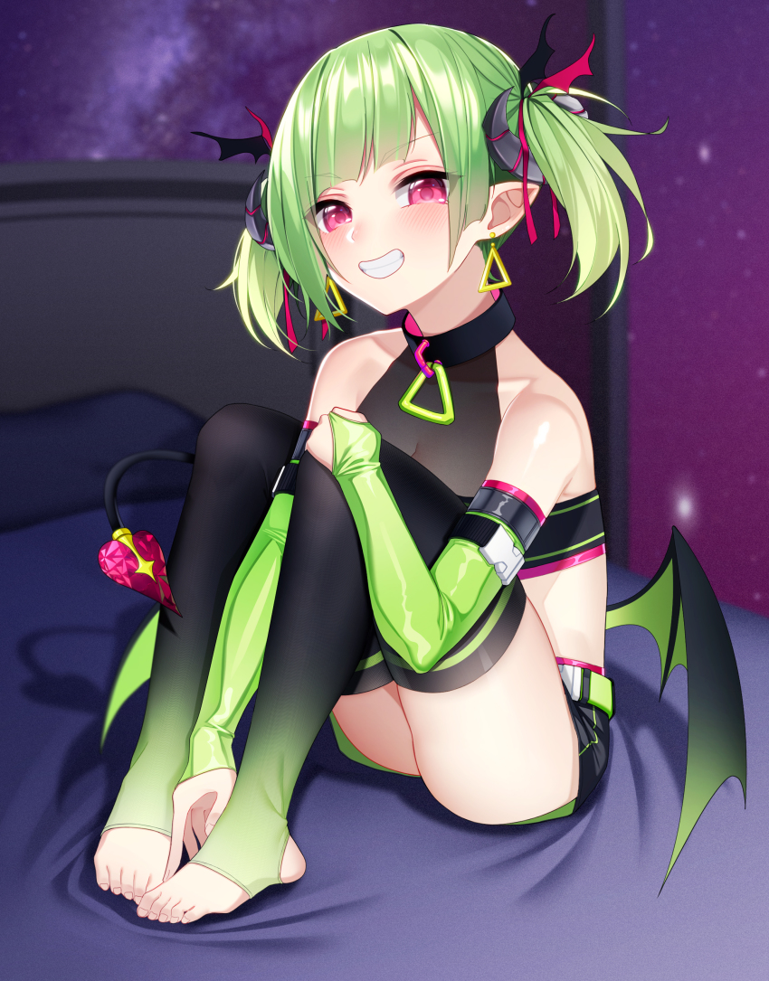 1girl absurdres blush breasts cleavage collarbone commentary commission delutaya demon_girl demon_tail demon_wings earrings elbow_gloves english_commentary fingerless_gloves gloves glowing glowing_eyes highres indie_virtual_youtuber jewelry looking_at_viewer on_bed pink_eyes pointy_ears second-party_source sitting smile solo tail the_cold thighhighs triangle_earrings twintails v-shaped_eyes virtual_youtuber wings