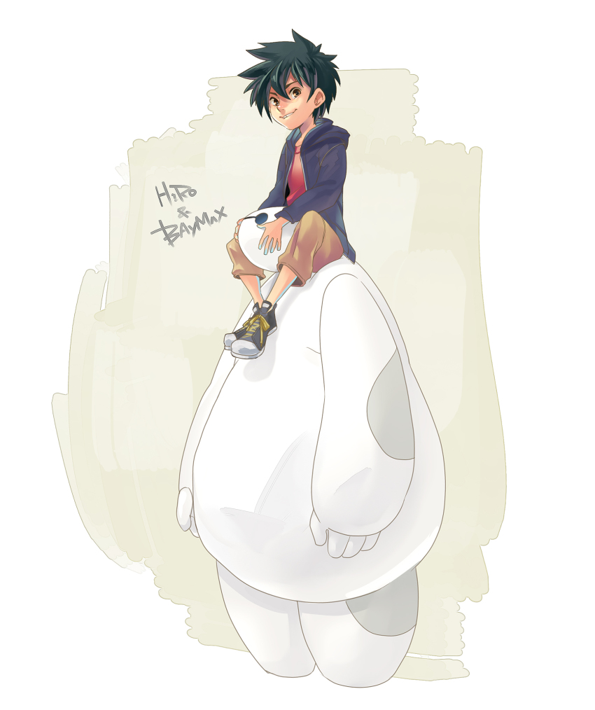 1boy baymax big_hero_6 black_hair brown_eyes carrying character_name disney highres hiro_hamada hood hoodie male_focus nose robot shoes shoulder_carry sneakers tooth_gap u-min