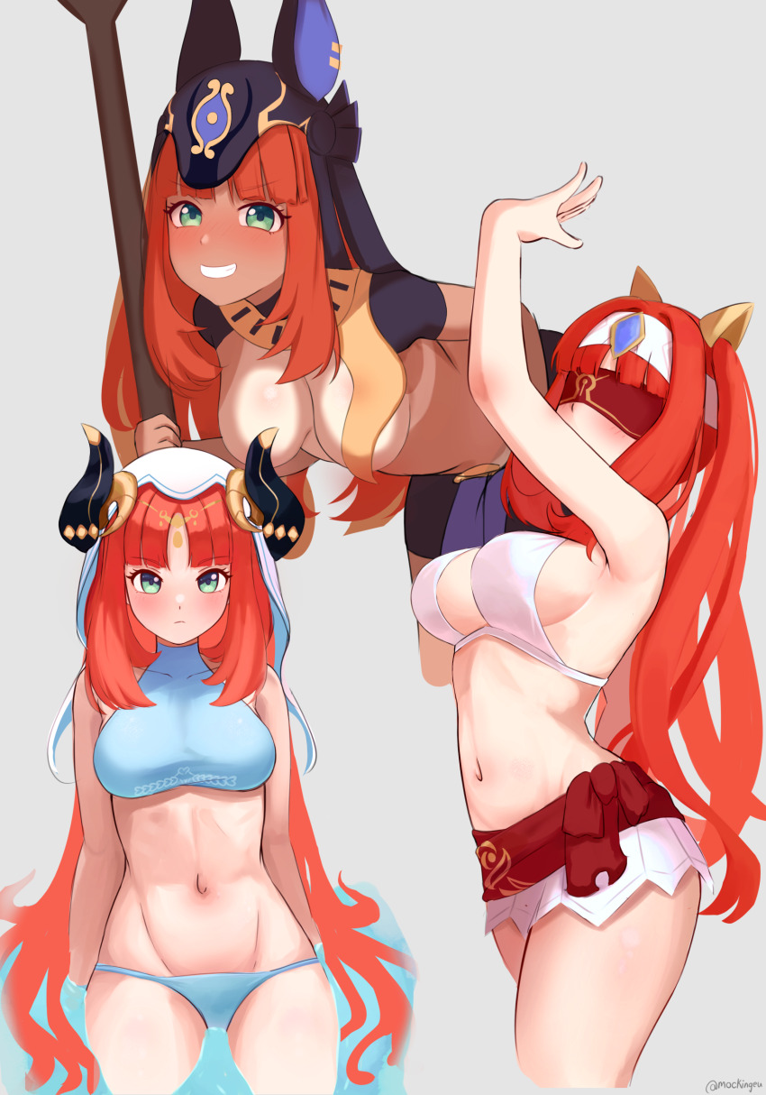 1girl absurdres adapted_costume alternate_costume animal_ears animal_ears_helmet animal_helmet arm_up bikini bikini_bottom_pull black_sleeves blue_bikini bra breasts closed_mouth commentary_request convenient_censoring cosplay cropped_legs cyno_(genshin_impact) cyno_(genshin_impact)_(cosplay) fake_horns gem genshin_impact green_eyes grey_background grin hair_down headband highres horns jackal_ears leaning_forward long_hair looking_at_viewer medium_breasts miniskirt mockingeu multiple_views navel nilou_(genshin_impact) purple_gemstone red_blindfold red_hair short_sleeves sideboob simple_background skirt smile standing stomach swimsuit tan tanline topless_female underwear veil wading water white_bra white_headband white_skirt white_veil