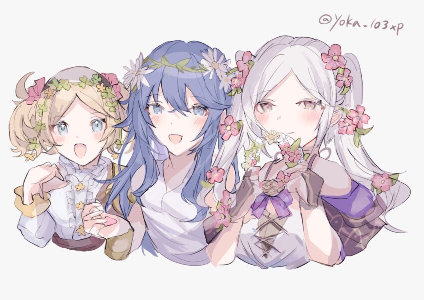 3girls :d artist_name blonde_hair blue_eyes blue_hair commentary_request female_robin_(fire_emblem) fire_emblem fire_emblem_awakening fire_emblem_heroes flower_wreath hair_between_eyes head_wreath holding holding_wreath lissa_(fire_emblem) lissa_(valentine)_(fire_emblem) lucina_(fire_emblem) lucina_(valentine)_(fire_emblem) multiple_girls nintendo official_alternate_costume open_mouth female_robin_(valentine)_(fire_emblem) simple_background smile twintails twitter_username white_background white_hair yoka_(103xp)