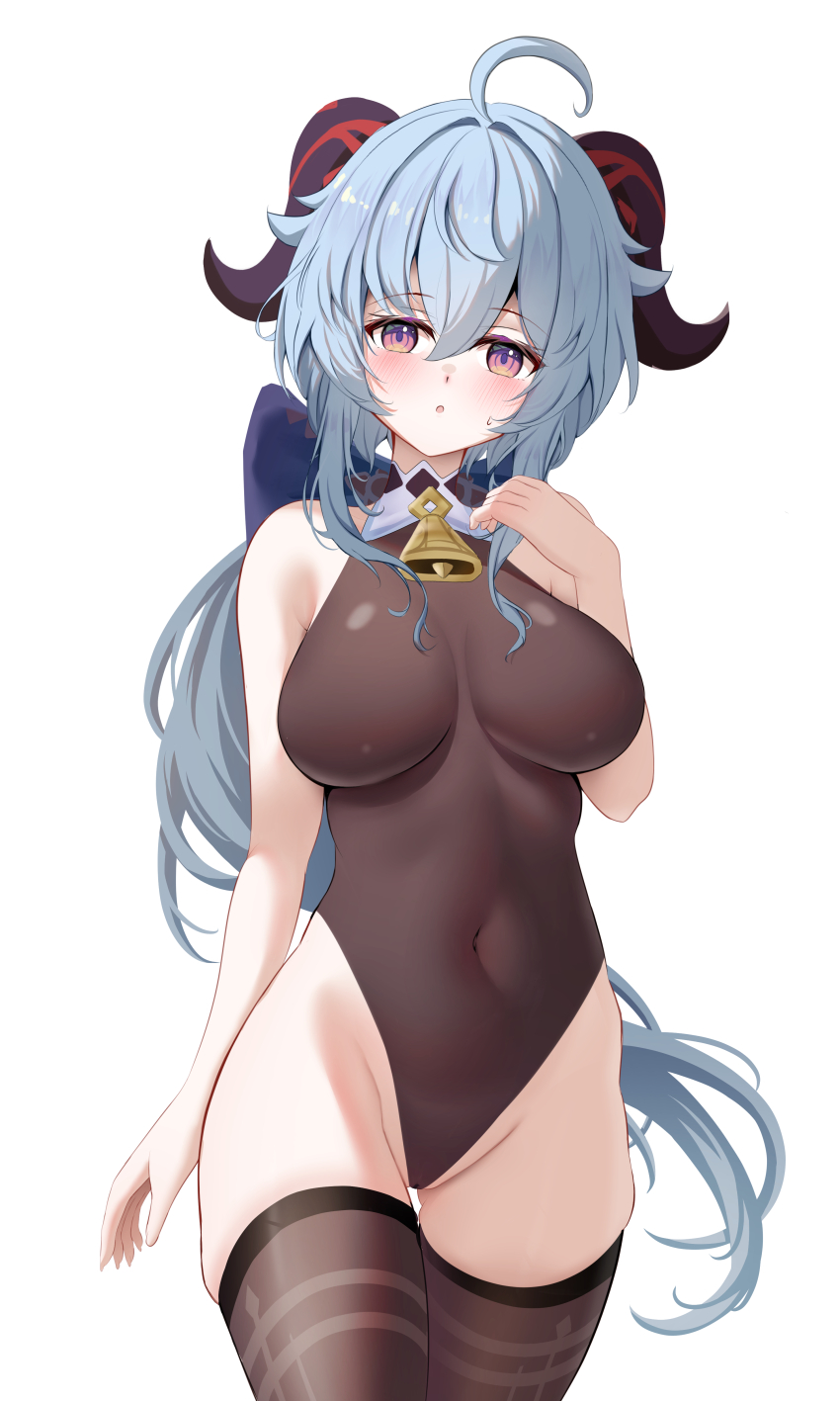 1girl absurdres ahoge bare_shoulders bell black_leotard blue_hair blush breasts cleavage covered_navel ganyu_(genshin_impact) genshin_impact goat_horns highres horns knosdeba large_breasts leotard long_hair looking_at_viewer purple_eyes simple_background solo thighhighs white_background