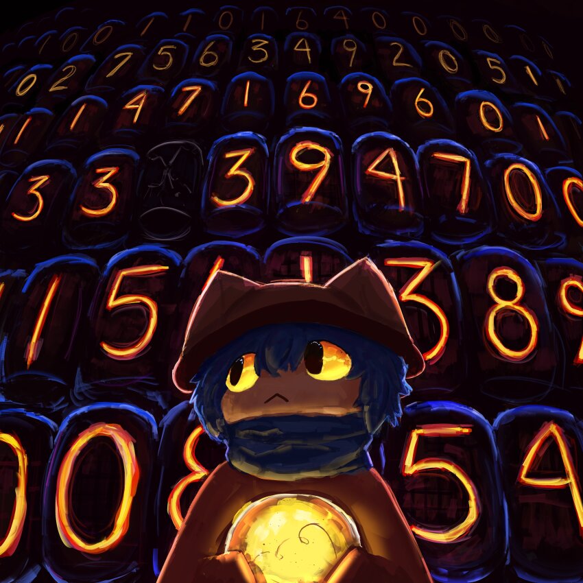 1other :&lt; absurdres animal_ear_headwear black_eyes blue_hair blue_scarf colored_sclera fake_animal_ears glowing hat highres holding kohayok light_bulb niko_(oneshot) nixie_tube no_nose oneshot_(game) other_focus red_hat scarf short_hair sleeves_past_wrists solo yellow_sclera