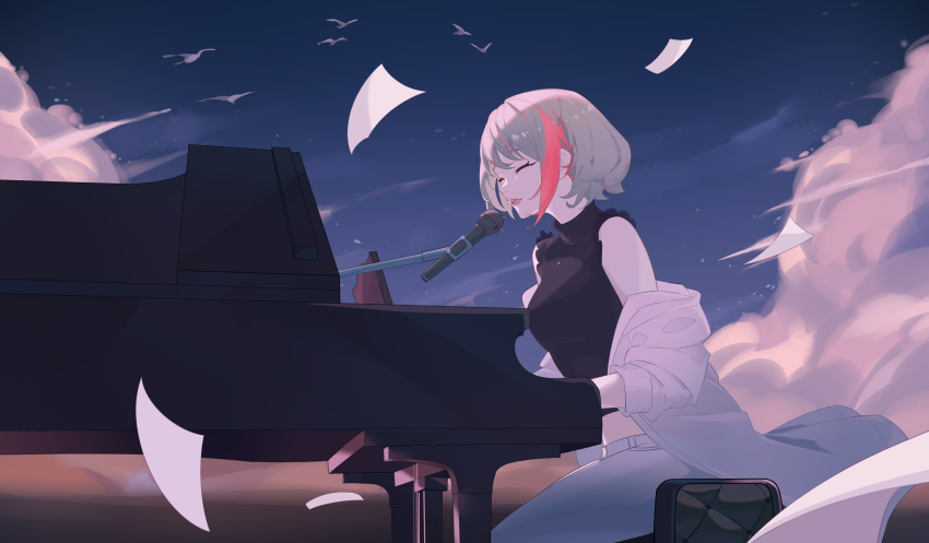 1girl absurdres bird black_shirt blue_sky breasts closed_eyes cloud commentary feet_out_of_frame grand_piano grey_pants grey_shirt highres instrument light_brown_hair medium_breasts microphone midriff multicolored_hair music nanashi_inc. official_alternate_costume open_mouth orange_hair pants papers piano playing_instrument sechipuu second-party_source shirt shirt_partially_removed short_hair singing sky sleeveless sleeveless_shirt solo touri_sei touri_sei_(2nd_costume) turtleneck two-tone_hair virtual_youtuber