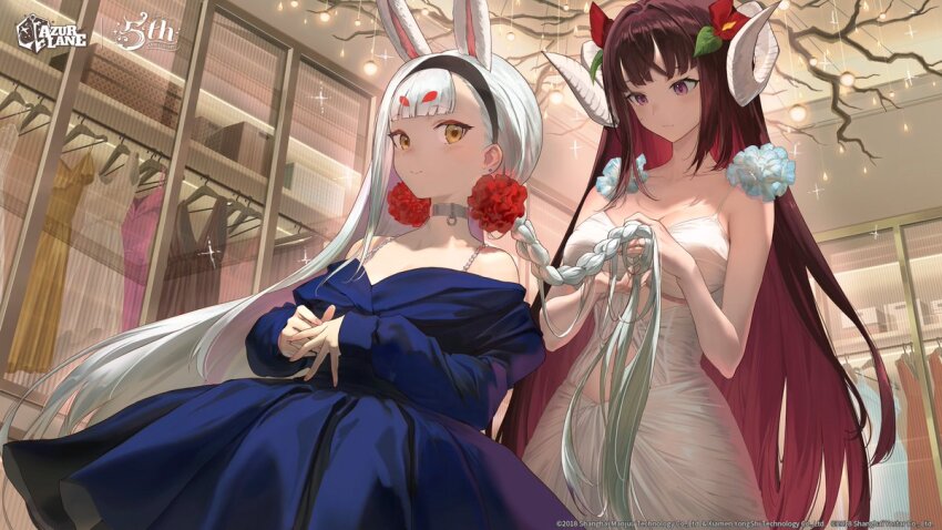 2girls animal_ears azur_lane bare_shoulders bare_tree black_hairband blue_dress blunt_bangs blush braid braiding_hair breasts brown_hair choker cleavage closed_mouth clothing_cutout collarbone colored_inner_hair copyright_name copyright_notice curled_horns dress extra_ears flower hair_flower hair_ornament hairband hairdressing holding holding_another&#039;s_hair holding_own_hair horns indoors jewelry large_breasts long_hair long_sleeves multicolored_hair multiple_girls off-shoulder_dress off_shoulder official_art own_hands_together purple_eyes rabbit_ears rabbit_girl red_flower red_hair salmon88 second-party_source shimakaze_(azur_lane) sitting sleeveless smile spaghetti_strap sparkle standing suruga_(azur_lane) tree very_long_hair white_dress white_hair yellow_eyes