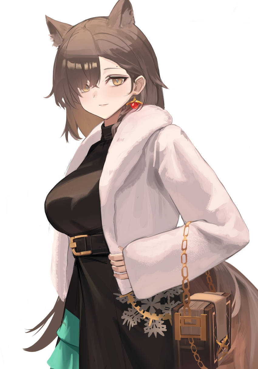1girl absurdres animal_ears arknights belt belt_buckle black_belt black_skirt black_sweater brown_hair brown_tail buckle chain closed_mouth commentary earrings fur-trimmed_jacket fur_trim gold gold_chain hair_behind_ear highres jacket jewelry light_smile long_hair looking_at_viewer mole mole_above_eye official_alternate_costume open_clothes open_jacket penance_(arknights) penance_(occasionally_flushed)_(arknights) remapack77 simple_background skirt sleeves_past_wrists solo sweater tail turtleneck turtleneck_sweater white_background white_jacket yellow_eyes