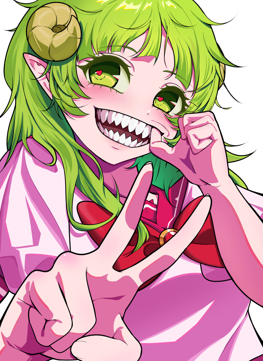 1girl absurdres babyls_school_uniform bow bowtie curled_horns dddddddiving demon_girl green_eyes green_hair hand_up heart heart-shaped_pupils highres horns long_hair mairimashita!_iruma-kun pointy_ears red_bow red_bowtie school_uniform sharp_teeth shirt symbol-shaped_pupils teeth upper_body v valac_clara white_background white_shirt