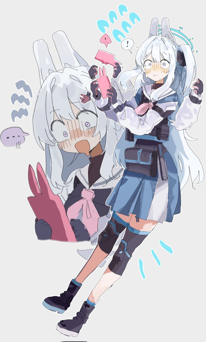 ... 1girl animal_ear_headphones animal_ears blue_archive blue_halo blush fake_animal_ears halo headphones highres miyako_(blue_archive) neckerchief odmised pink_neckerchief purple_eyes rabbit_ear_headphones school_uniform solo speech_bubble tactical_school_uniform white_hair wide-eyed