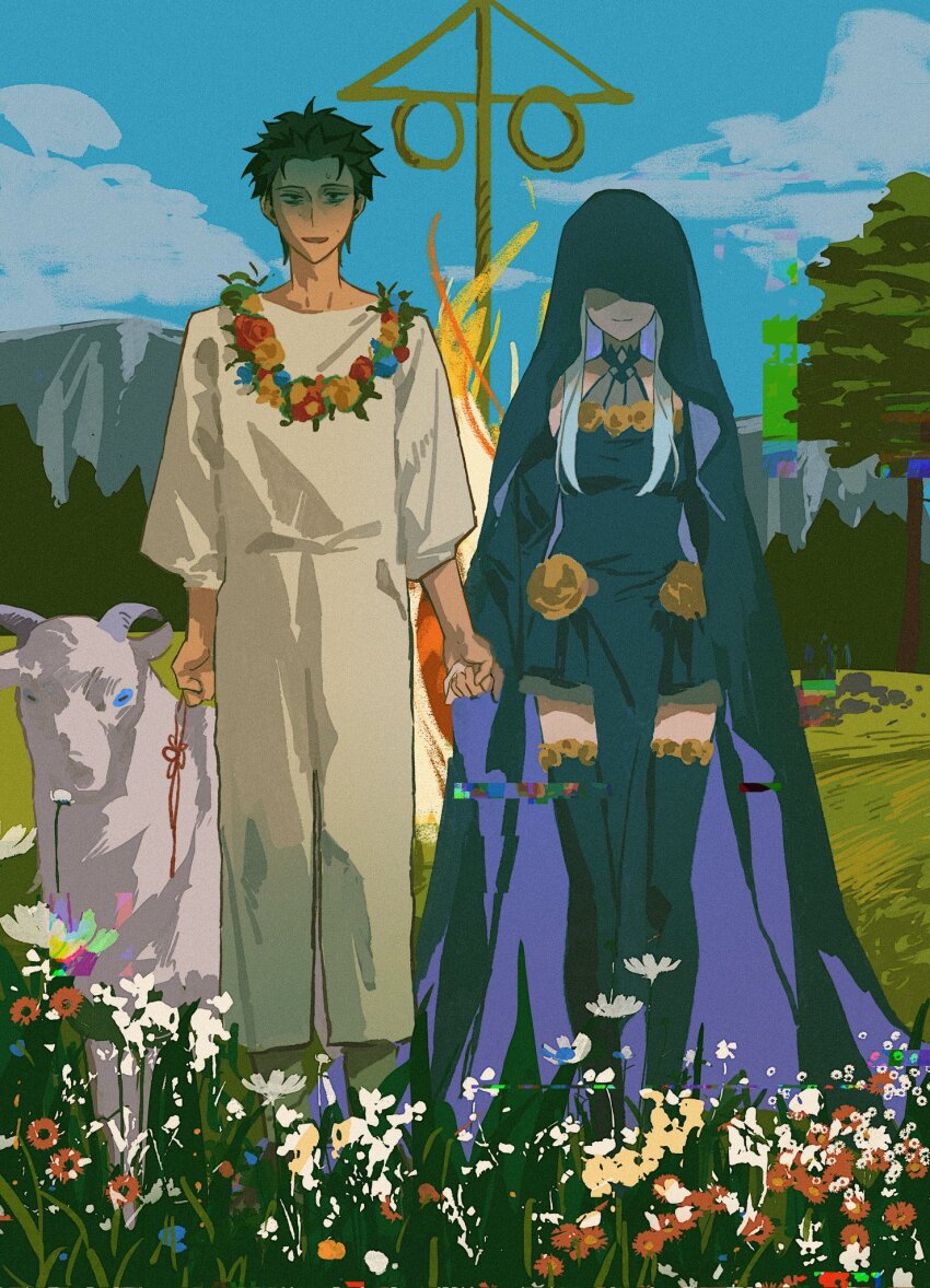 1boy 1girl bags_under_eyes black_dress black_veil dress flower glitch highres holding_hands looking_at_viewer midsommar natsuki_subaru outdoors re:zero_kara_hajimeru_isekai_seikatsu satella_(re:zero) span_(shibanyu63868) veil