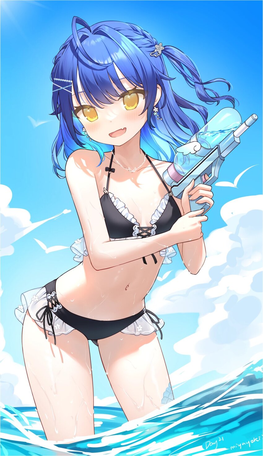 1girl :d ahoge amamiya_kokoro amamiya_kokoro_(7th_costume) artist_name bare_arms bare_shoulders bikini bird black_bikini blue_hair blue_sky blush breasts cloud commentary_request day dutch_angle earrings fang flower_earrings frilled_bikini frills front-tie_bikini_top front-tie_top hair_ornament halterneck highres holding holding_water_gun jewelry leaning_forward leg_tattoo looking_at_viewer medium_hair miyayoki navel necklace nijisanji ocean open_mouth own_hands_together side-tie_bikini_bottom skin_fang sky small_breasts smile solo standing stomach swimsuit tattoo two_side_up virtual_youtuber wading water water_gun wet x_hair_ornament yellow_eyes