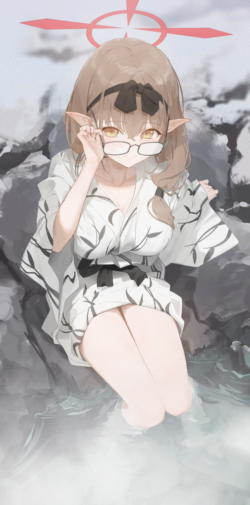 1girl absurdres black_hairband black_sash blue_archive brown_hair chinatsu_(blue_archive) chinatsu_(hot_spring)_(blue_archive) closed_mouth from_above hair_between_eyes hair_over_shoulder hair_ribbon hairband highres holding holding_removed_eyewear in_water japanese_clothes ka_mi_qian kimono long_hair looking_at_viewer official_alternate_costume official_alternate_hairstyle onsen pointy_ears ribbon sash sidelocks sitting smile unworn_eyewear white_kimono yellow_eyes