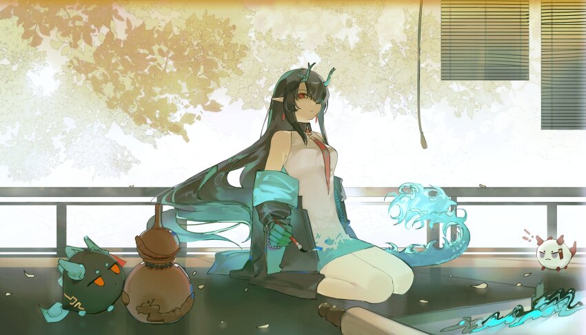 ! !! 1girl absurdres arknights bare_shoulders black_hair colored_skin dragon_girl dragon_horns dragon_tail dress dusk_(arknights) earrings hair_over_one_eye highres holding holding_brush horns jewelry leaf ling_(arknights) long_hair looking_at_viewer multicolored_hair necktie nian_(arknights) off_shoulder paintbrush pointy_ears red_eyes sitting sleeveless solo tail very_long_hair wariza white_dress yuishironeko