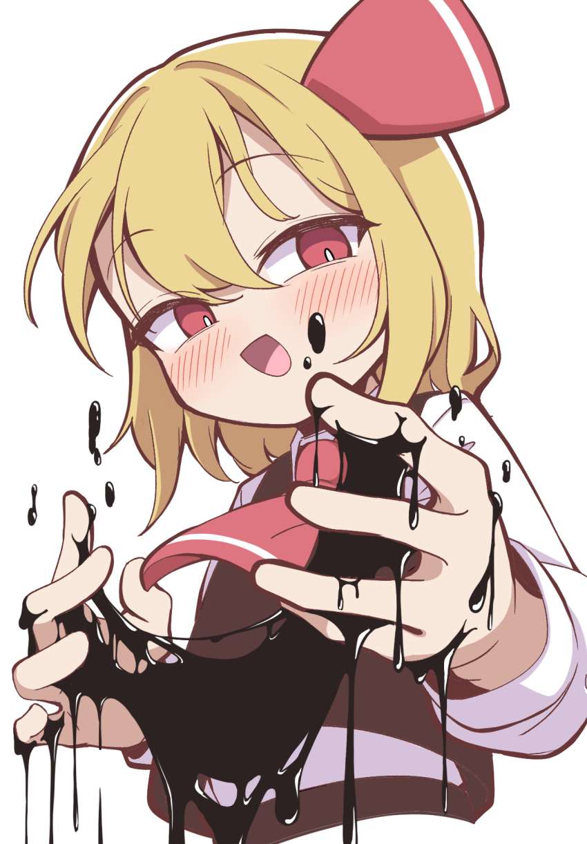 1girl :d ascot black_vest blonde_hair blush collared_shirt commentary cropped_torso hair_ribbon hand_up highres long_sleeves looking_at_viewer open_mouth oyatu_potage red_ascot red_eyes red_ribbon ribbon rumia shirt short_hair simple_background smile solo touhou umbrakinesis vest white_background white_shirt