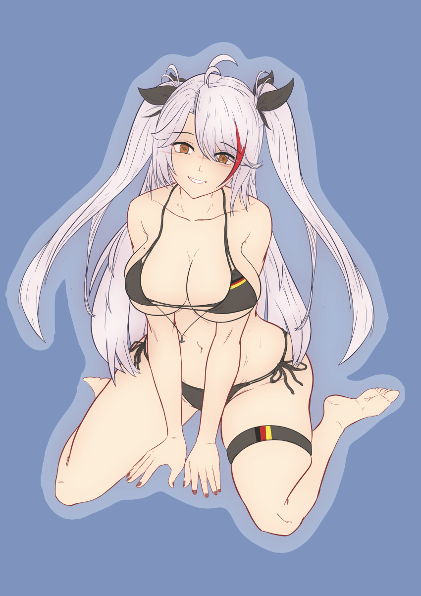 1girl absurdres azur_lane between_legs bikini blush breasts commentary english_commentary flag_print full_body german_flag german_flag_bikini german_flag_print grin hair_over_one_eye hand_between_legs highres large_breasts legs_apart long_hair looking_at_viewer multicolored_hair navel orange_eyes prinz_eugen_(azur_lane) prinz_eugen_(unfading_smile)_(azur_lane) rafael_(rafa_w73) red_hair side-tie_bikini_bottom smile solo streaked_hair swimsuit thigh_strap thighs two-tone_hair two_side_up v_arms very_long_hair white_hair yellow_eyes