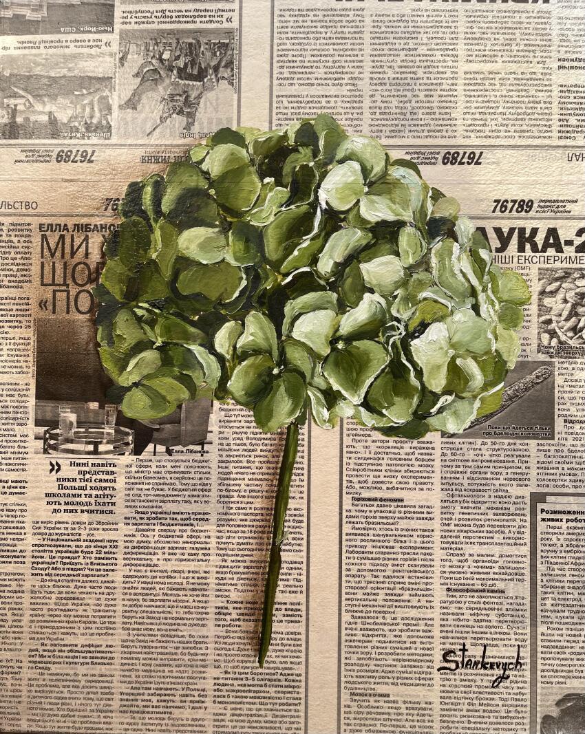 absurdres flower green_flower highres hydrangea julia_stankevych leaf newspaper no_humans oil_painting_(medium) original painting_(medium) photo_(medium) realistic signature still_life traditional_media wall_of_text