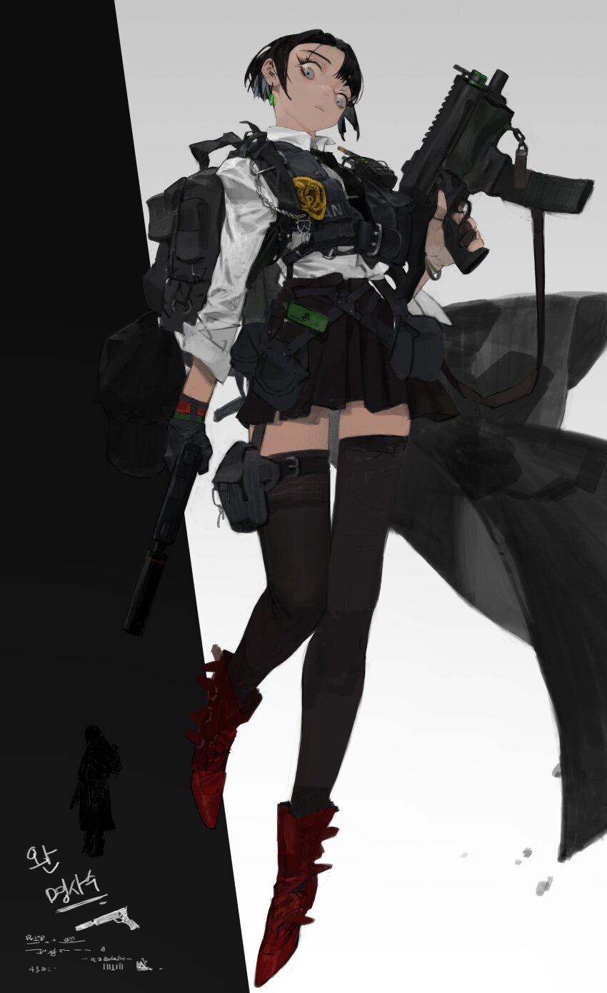 1girl absurdres backpack badge bag baseball_cap black_necktie bracelet dual_wielding earrings gloves gun handgun hat highres holding jewelry long_sleeves looking_down necktie original red_footwear shirt single_glove skirt solo submachine_gun suppressor thighhighs trigger_discipline vest walkie-talkie wan_young_yun weapon