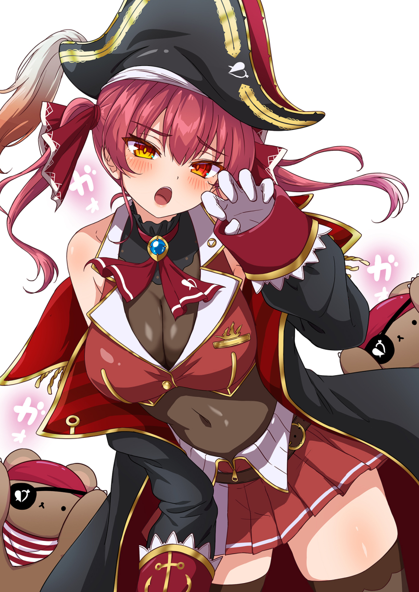 1girl :o anchor_symbol arrow_through_heart ascot bicorne black_hat black_jacket black_leotard black_thighhighs blush bow breasts claw_pose cleavage covered_navel cropped_jacket gloves gold_trim hachiman_tanuki hair_bow hat heterochromia highres hololive houshou_marine houshou_marine_(1st_costume) jacket large_breasts leotard leotard_under_clothes long_hair long_sleeves looking_at_viewer off_shoulder pleated_skirt red_ascot red_bow red_eyes red_hair red_jacket red_skirt skirt sleeveless sleeveless_jacket solo thighhighs twintails two-sided_fabric virtual_youtuber white_background white_gloves yellow_eyes