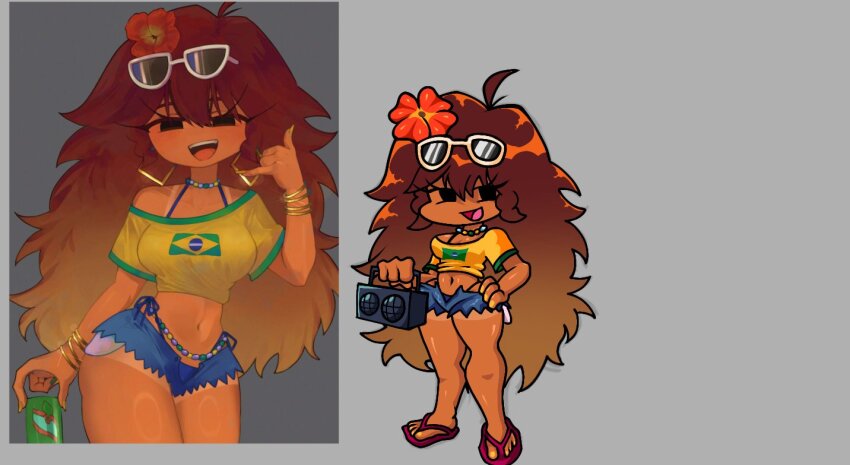 1girl :d ahoge bikini bikini_under_clothes blonde_hair blue_bikini bracelet brazilian_flag brazilian_flag_print brazilian_miku brown_hair can cowboy_shot crop_top denim denim_shorts drink_can earrings flag_print flip-flops flower friday_night_funkin&#039; full_body girlfriend_(friday_night_funkin&#039;) gradient_hair grey_background hair_flower hair_ornament hand_on_own_hip hatsune_miku highleg_bikini_bottom jewelry multicolored_hair multiple_views navel no_sclera open_mouth phone_gesture sandals shirt shorts side-tie_bikini_bottom smile soda_can speaker sunglasses_on_head swimsuit tan tanline teeth thick_thighs thighs upper_teeth_only yellow_shirt