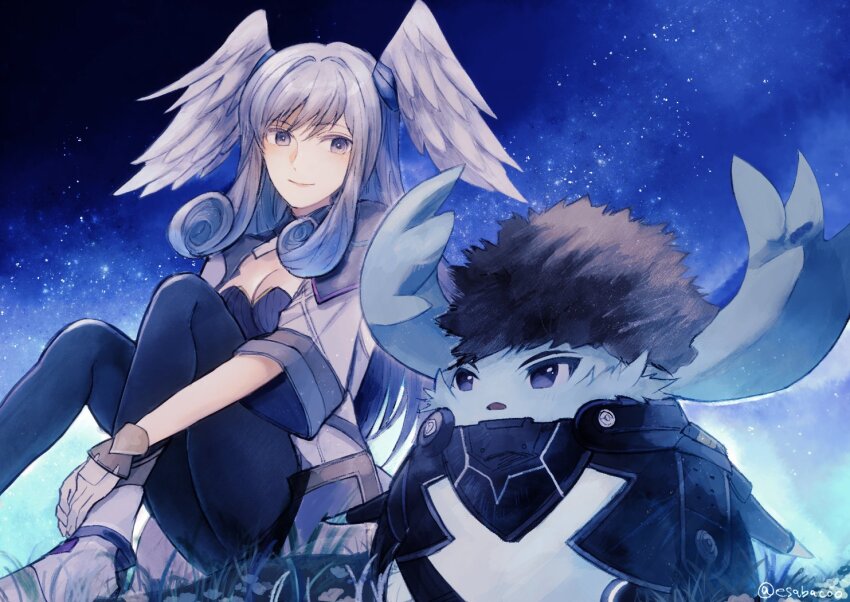 1girl artist_name black_pants blue_fur blue_sky breasts brown_hair closed_mouth curled_ends grey_eyes grey_hair head_wings leaf_(esabacoo) looking_at_another melia_antiqua night night_sky nopon on_grass open_mouth pants riku_(xenoblade) sitting sky smile star_(sky) twitter_username wings xenoblade_chronicles_(series) xenoblade_chronicles_3