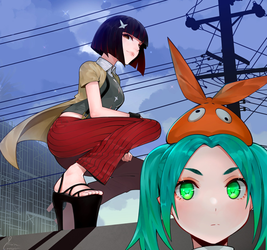 2girls absurdres aqua_hair black_footwear black_hair blue_sky blunt_bangs blunt_ends blush bob_cut breasts brown_eyes brown_jacket brown_shirt button_gap cloud cloudy_sky collared_shirt commentary day english_commentary expressionless eyelashes feet forehead foreshortening full_body googly_eyes gradient_hair green_eyes green_hair grey_shirt hair_ornament hairclip hat high_heels highres inverted_bob jacket kagenui_yozuru layered_shirt leaning_forward lips looking_at_viewer looking_to_the_side medium_breasts medium_hair monogatari_(series) multicolored_hair multiple_girls nisemonogatari on_wall ononoki_yotsugi open_clothes open_jacket orange_hat outdoors pants parted_bangs piancaesar pink_lips pinstripe_pants pinstripe_pattern platform_footwear platform_heels pointy_ears power_lines red_hair red_pants shadow shirt shoes short_eyebrows short_hair short_sleeves sidelocks signature sky squatting strappy_heels streaked_hair striped_clothes striped_pants suspenders toenails toes twintails two-tone_hair utility_pole vertical-striped_clothes vertical-striped_pants