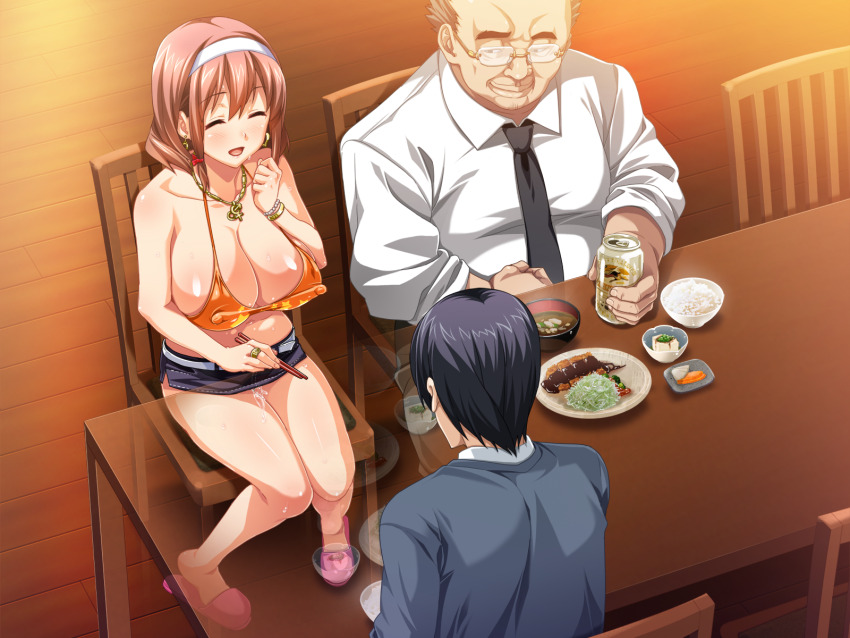 1girl 2boys asaoka_arata asaoka_genzo balding beer_can belt bikini bikini_top_only black_hair black_necktie black_skirt bracelet breasts brown_hair can chair cleavage closed_eyes collared_shirt covered_erect_nipples drink_can dutch_angle earrings food glasses hair_between_eyes hairband hand_on_own_chest hinomoto_koharu impossible_clothes indoors jewelry kedamono-tachi_no_sumu_ie_de large_breasts laughing legs_together long_sleeves looking_at_another low_neckline medium_hair microskirt multiple_boys necklace necktie open_mouth orange_bikini pencil_skirt print_bikini pussy_juice shirt sideboob sidelocks sitting skirt slippers smile star_(symbol) star_print star_print_bikini swimsuit table takeda_hiromitsu ugly_bastard white_belt white_hairband white_shirt wooden_floor wooden_table x-ray