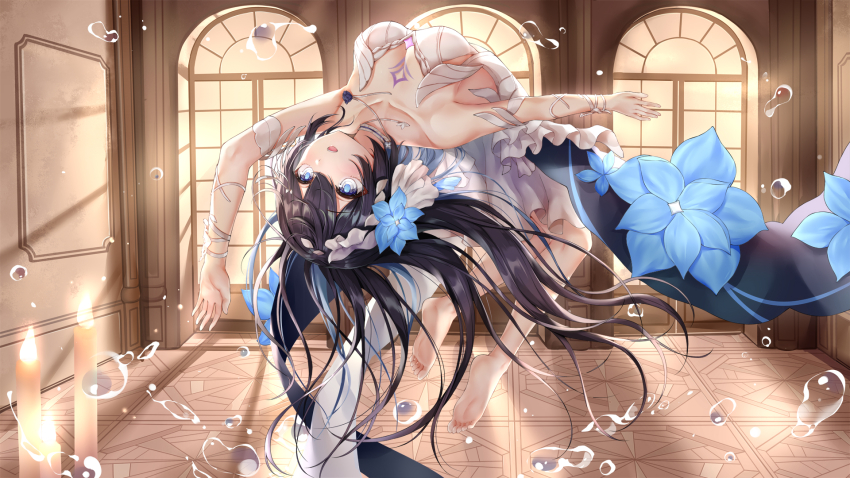 1girl barefoot blue_flower breasts candle dress floor flower highres honkai_(series) honkai_impact_3rd long_hair medium_breasts seele_vollerei seele_vollerei_(herrscher_of_rebirth) soles straight_hair sunlight water white_dress yutian_alice