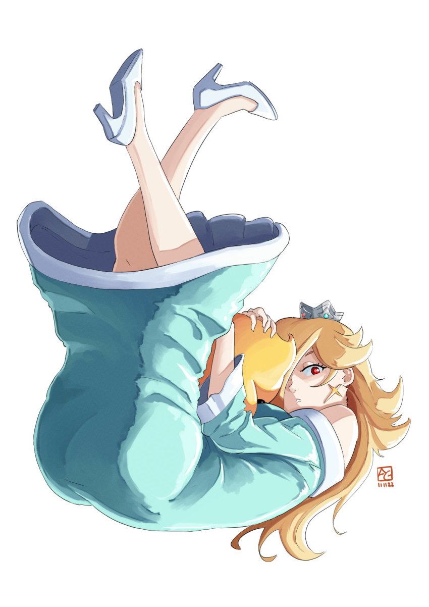 1girl aqua_dress ass automatic_giraffe bare_shoulders blonde_hair breasts crown dated dress earrings full_body hair_between_eyes hair_over_one_eye high_heels highres hug jewelry legs_up long_hair looking_at_viewer luma_(mario) mario_(series) medium_breasts mini_crown nintendo off-shoulder_dress off_shoulder parted_lips pump red_eyes rosalina signature super_mario_galaxy white_background white_footwear