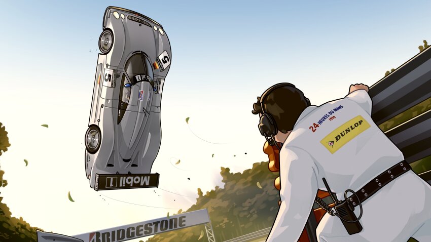 2boys absurdres arhentol belt black_belt bridgestone brown_hair car circuit_de_la_sarthe commentary commission dunlop english_commentary forest german_flag grey_car headset highres jumpsuit le_mans_prototype mercedes-benz mercedes-benz_clr midair motor_vehicle multiple_boys nature peter_dumbreck race_vehicle racecar real_life real_world_location second-party_source spoiler_(automobile) sponsor vehicle_focus walkie-talkie white_jumpsuit