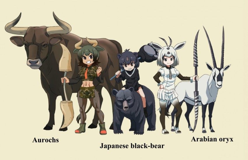 3girls abs animal_ears arabian_oryx_(kemono_friends) aurochs aurochs_(kemono_friends) bear beige_background black_eyes black_footwear black_hair black_legwear black_necktie black_shirt black_sweater bob_cut brown_hair camouflage camouflage_shirt camouflage_skirt clenched_hand closed_mouth commentary_request cow_ears cow_horns creature_and_personification dark-skinned_female dark_skin english_text green_footwear green_shirt green_skirt grin hand_on_own_hip highres holding holding_weapon horns japanese_black_bear_(kemono_friends) kemono_friends layered_sleeves long_sleeves looking_at_viewer midriff miniskirt multiple_girls name_connection navel necktie over_shoulder pantyhose paw_stick personification pleated_skirt red_necktie riding shirt shoes short_over_long_sleeves short_sleeves side_slit silver_hair simple_background skirt smile standing sweater toned toned_female weapon white_footwear white_shirt white_skirt yamaguchi_yoshimi yellow_background