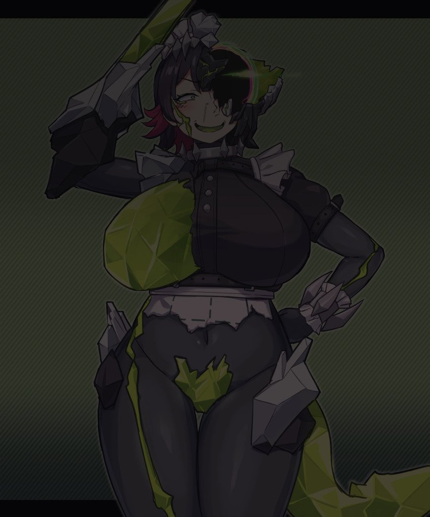 1girl absurdres black_hair body_modification breasts colored_inner_hair corruption crystal_sword ellen_joe ethereal_(zenless_zone_zero) fins fish_tail frilled_wristband green_eyes hair_ornament hairband herutsuheimuu highres large_breasts looking_at_viewer looking_up maid_headdress metal_hairband mind_control mole mole_under_eye monster monsterification multicolored_hair navel one_breast_out open_mouth red_hair salute shark_girl shark_tail short_hair smile solo spiked_headband sword tail torn_clothes transformation two-tone_hair weapon zenless_zone_zero