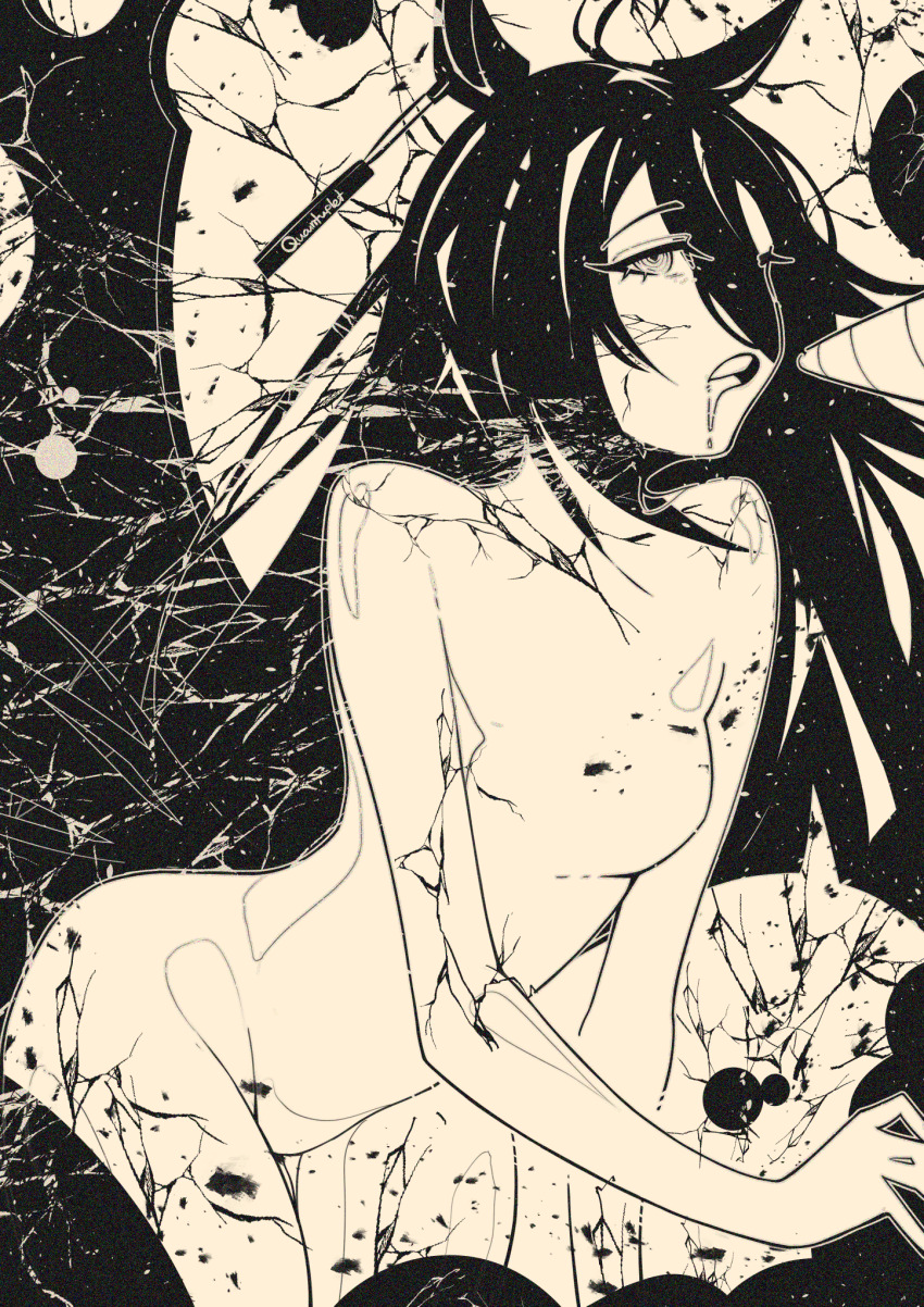 1girl animal_ears artist_name completely_nude cracked_skin ear_ornament ear_tag earrings hair_between_eyes highres horse_ears horse_girl jewelry long_bangs long_hair long_hair_between_eyes manhattan_cafe_(umamusume) no_nipples no_pussy nude quaint_uplet signature single_earring solo umamusume very_long_hair