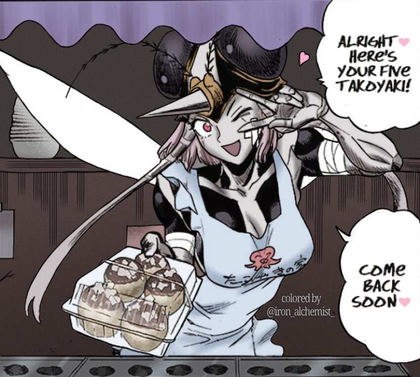 1girl apron arthropod_girl breasts colorized large_breasts mosquito_girl mosquito_musume one-punch_man one_eye_closed open_mouth smile solo