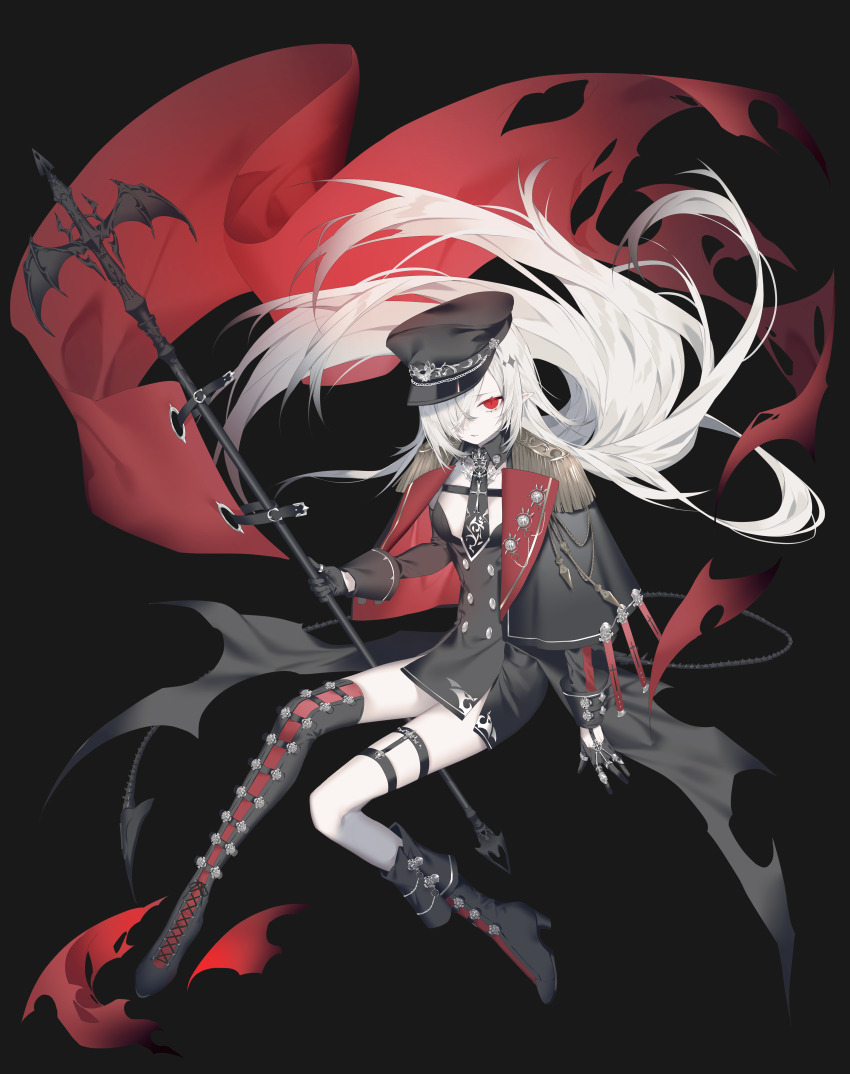 1girl absurdres asymmetrical_footwear black_background black_capelet black_dress black_hat black_necktie boots capelet colored_skin commentary dress epaulettes flag floating_hair full_body gloves hair_floating_upwards hat high_heel_boots high_heels highres holding holding_flag jewelry knee_boots kotarou_(kot_mochi) long_hair long_sleeves looking_at_viewer multiple_rings necktie original peaked_cap pointy_ears red_eyes ring single_thigh_boot solo thigh_boots torn_flag very_long_hair white_hair white_skin