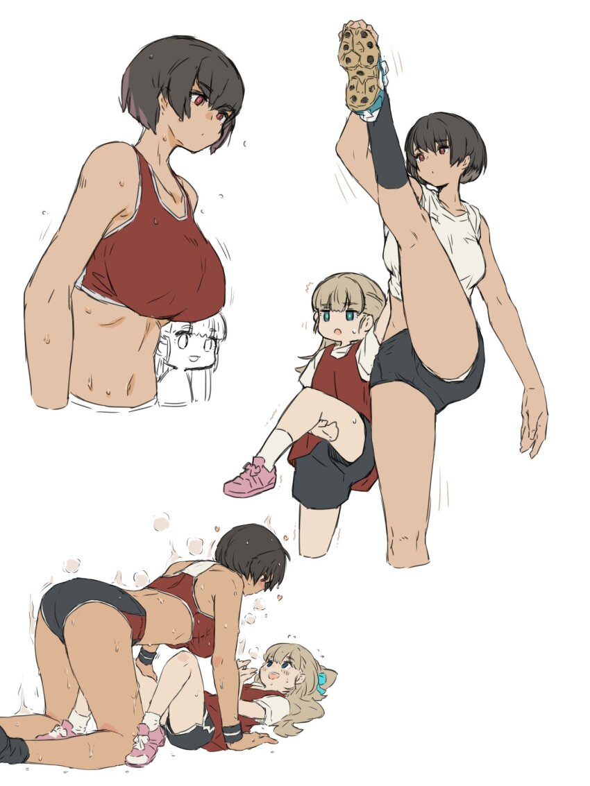 2girls buruma girl_on_top gym_uniform height_difference highres kei_(m_k) looking_at_breasts m_k multiple_girls original rika_(m_k) stretching sweat tall_female track_uniform very_sweaty yuri