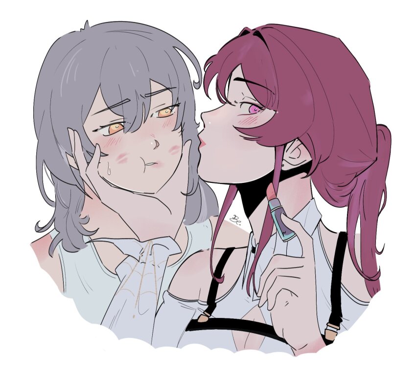 2girls after_kiss blush collared_shirt commentary cosmetics domnb13 grey_hair hand_on_another&#039;s_face hashtag-only_commentary highres holding holding_lipstick_tube honkai:_star_rail honkai_(series) kafka_(honkai:_star_rail) lipstick_mark lipstick_mark_on_face lipstick_tube long_hair multiple_girls parted_lips ponytail purple_eyes purple_hair shirt simple_background stelle_(honkai:_star_rail) sweatdrop tank_top trailblazer_(honkai:_star_rail) upper_body white_background white_shirt white_tank_top yellow_eyes yuri