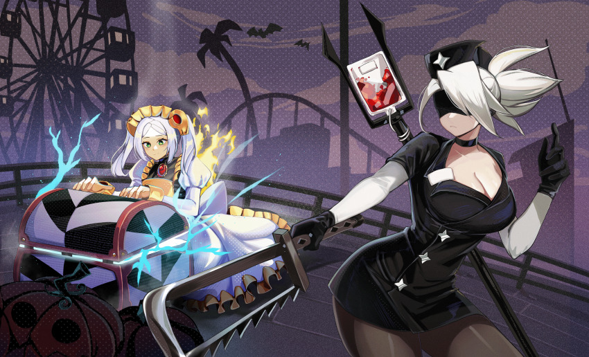 2b_(nier:automata) 2b_(nier:automata)_(cosplay) apron blindfold bloody_marie_(skullgirls) cosplay frieren frieren_(cosplay) hacksaw hair_ornament hat highres maid maid_headdress mask mouth_mask nurse nurse_cap pumpkin ribs saw skull_hair_ornament skullgirls surgical_mask twintails valentine_(skullgirls) white_hair