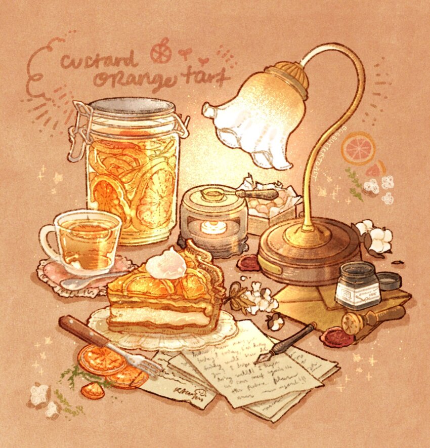 commentary cotton_(plant) cup desk_lamp english_commentary english_text envelope food food_focus fork fruit fruit_tart glowing highres inkwell lamp light_particles nao_(bestrollever) nib_pen_(object) no_humans notice_lines object_focus orange_(fruit) orange_background orange_slice original paper pen plate saucer simple_background sparkle star_(symbol) tart_(food) teacup teaspoon wax_seal wax_stamp whipped_cream