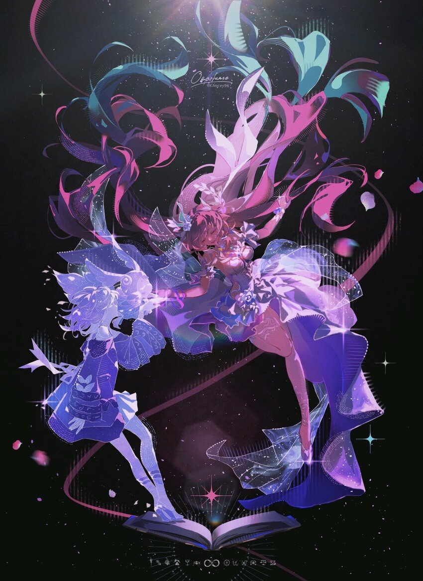 2girls bare_shoulders book breasts commentary_request cyrene_(aedes_elysiae)_(honkai:_star_rail) cyrene_(honkai:_star_rail) cyrene_(ripples_of_past_reverie)_(honkai:_star_rail) dress dual_persona flower hair_flower hair_ornament halo high_heels highres honkai:_star_rail honkai_(series) large_breasts mem_(honkai:_star_rail) multiple_girls omces96 open_book pink_hair thighs white_dress