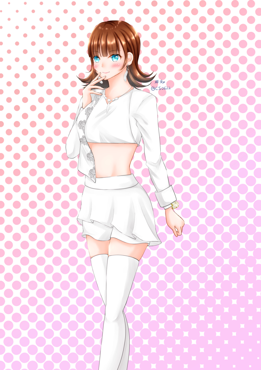 1girl absurdres avataro_sentai_donbrothers blouse blue_eyes brown_hair crop_top earrings highres jewelry ruryu shirt skirt sononi sononi_(donbrothers) super_sentai thighhighs white_thighhighs