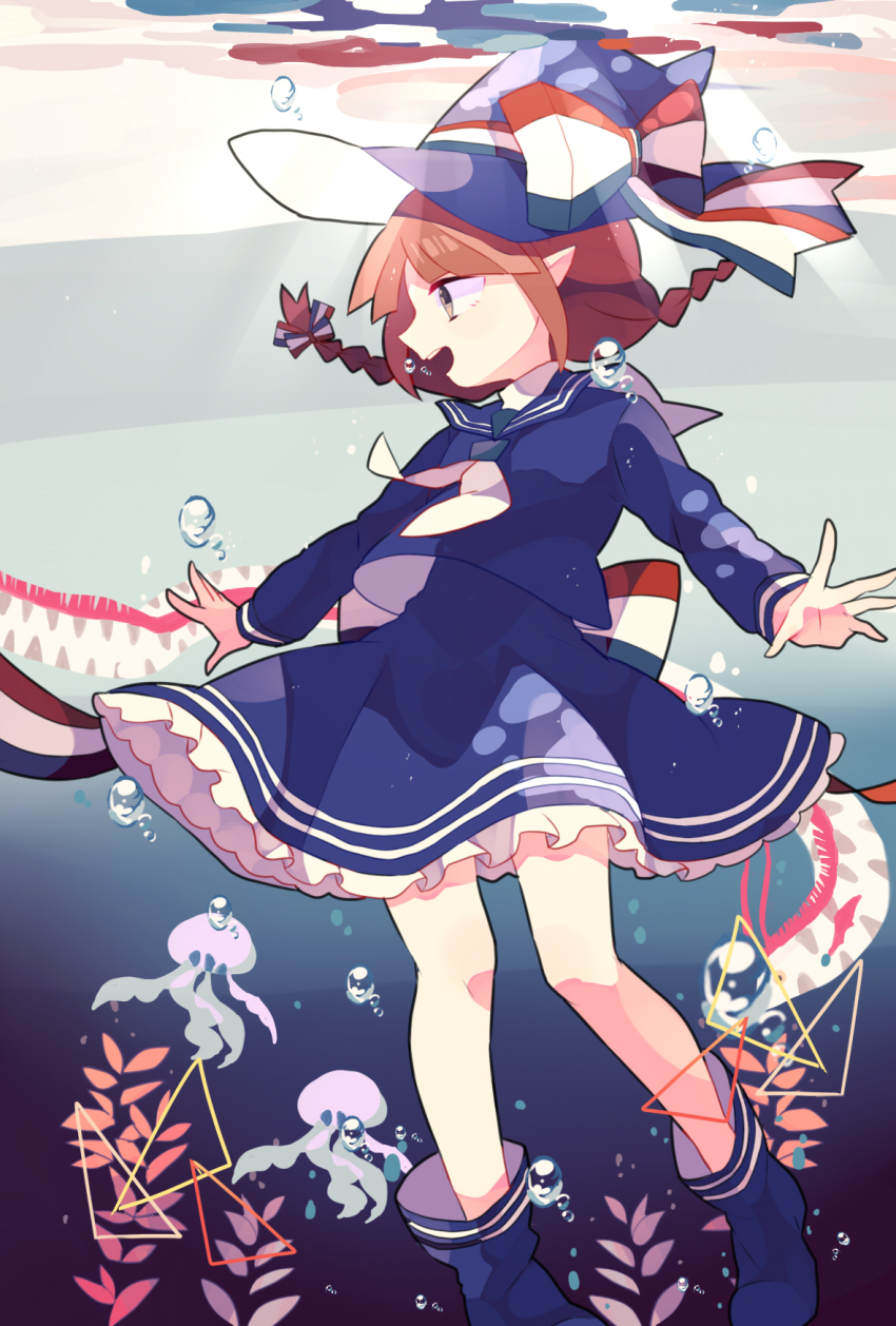 1girl air_bubble blue_footwear blue_skirt bow braid brown_hair bubble fish frilled_skirt frills funamusea grey_eyes hat hat_bow highres jellyfish long_sleeves low_twin_braids nagatsukiariake neckerchief oarfish oounabara_to_wadanohara open_mouth pointy_ears skirt solo twin_braids underwater wadanohara white_neckerchief witch_hat