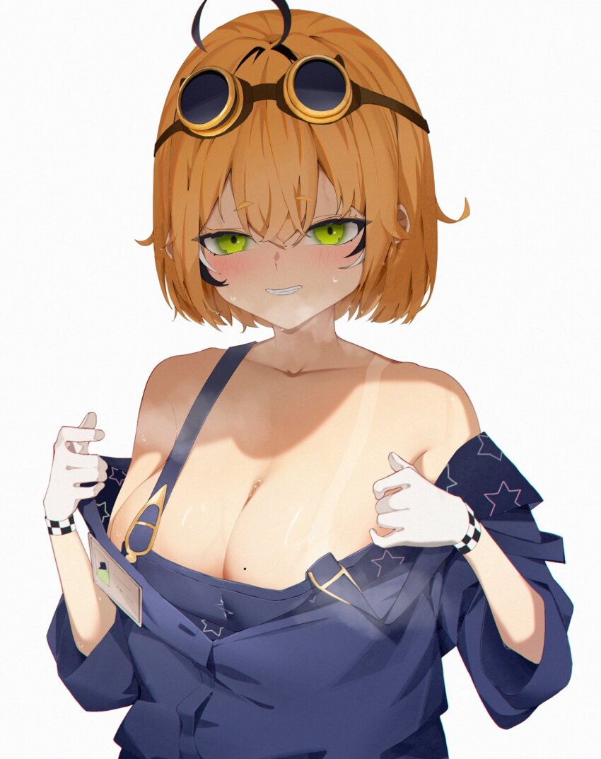 1girl ahoge bad_anatomy bad_hands bare_shoulders blonde_hair blush breasts bust_cup cleavage commentary dooby_(vtuber) gloves goggles goggles_on_head green_eyes grin highres indie_virtual_youtuber large_breasts looking_at_viewer mole mole_on_breast overalls rieko_(kuusairieko) short_hair simple_background smile solo steam steaming_body strap_slip sweat tan tanline undressing upper_body virtual_youtuber white_background white_gloves