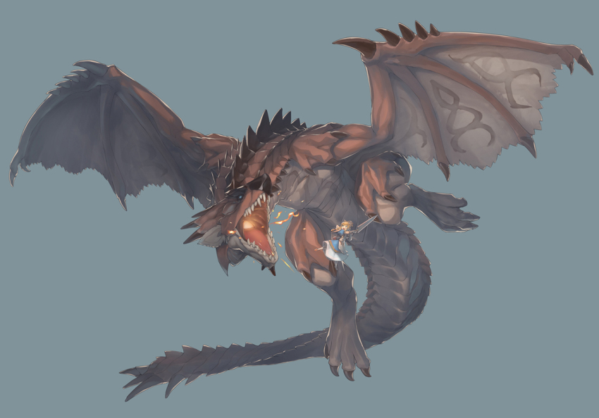 1girl aqua_background battle black_sclera blonde_hair blue_eyes blush breath_weapon breathing_fire colored_sclera dragon dress fire flying green_eyes heibonkaeru holding holding_sword holding_weapon long_hair monster_hunter_(series) monster_hunter_x open_mouth puffy_sleeves rathalos sharp_teeth simple_background size_difference sword teeth weapon