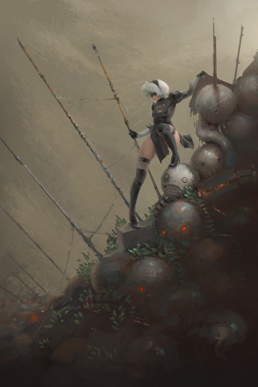 1girl 2b_(nier:automata) absurdres arm_support artist_name black_dress black_hairband blindfold boots breasts covered_eyes dress feather-trimmed_sleeves fog glowing glowing_eyes grin hairband high_heel_boots high_heels highres impaled juliet_sleeves long_sleeves looking_afar machine_(nier) medium_breasts medium_hair nier:automata nier_(series) pile pile_of_corpses plant puffy_sleeves red_eyes robot smile solo_focus spoonfishlee standing thigh_boots thighhighs thighs white_hair wide_shot