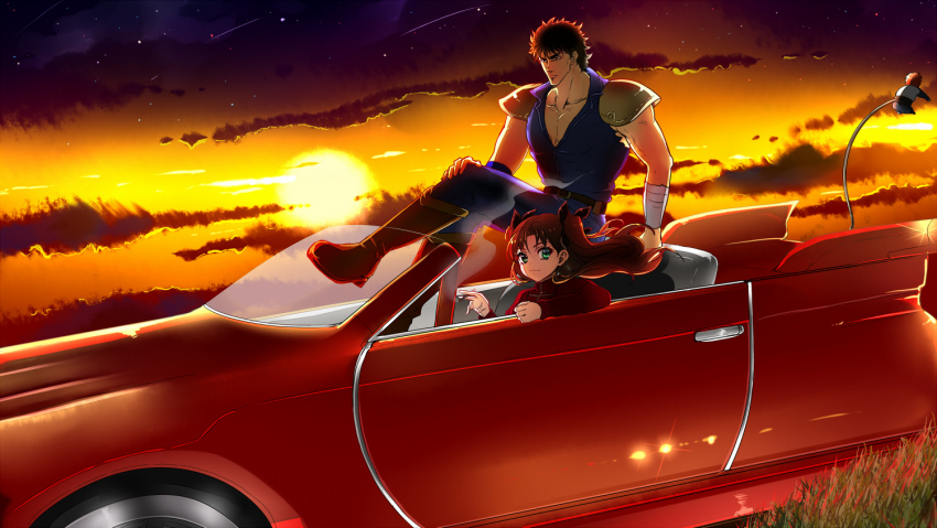 armor black_ribbon blue_vest boots brown_boots car cloud cloudy_sky convertible crossed_legs crossover driving emiya_shirou fate/stay_night fate_(series) hair_ribbon hokuto_no_ken honchu kenshiro looking_at_viewer m.u.g.e.n motor_vehicle pauldrons red_car ribbon rope_around_waist shoulder_armor sitting sky star_(sky) starry_sky sunlight sunset tohsaka_rin twintails vest