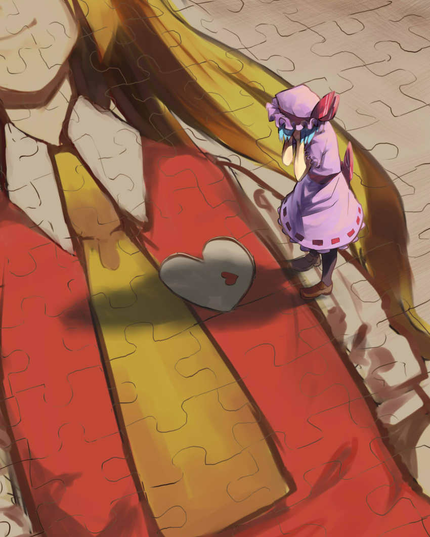 1girl bad_id bad_pixiv_id blonde_hair blue_hair c-button covering_face female_focus flandre_scarlet hat heart heat highres jigsaw_puzzle jpeg_artifacts long_hair puzzle remilia_scarlet short_hair skirt skirt_set solo touhou
