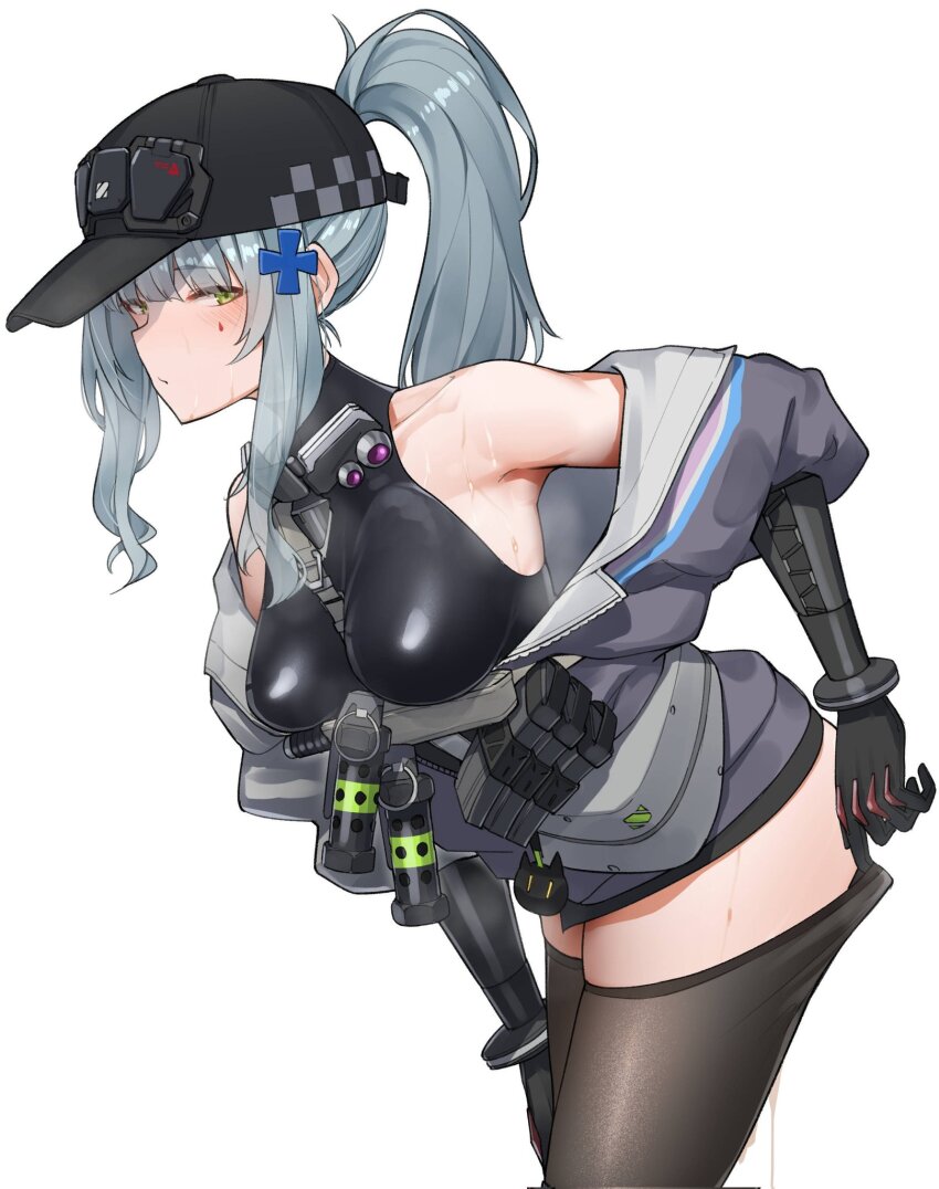 1girl aftersex bare_shoulders baseball_cap black_bodysuit black_thighhighs blue_hair blush bodysuit breasts closed_mouth commentary_request cross_hair_ornament cum cumdrip explosive flashbang from_side girls&#039;_frontline girls&#039;_frontline_2:_exilium green_eyes grenade hair_ornament half-closed_eyes hat highres hk416_(girls&#039;_frontline) jacket klukai_(girls&#039;_frontline_2) leaning_forward long_hair looking_at_viewer magazine_(weapon) multicolored_jacket off_shoulder partially_unzipped ponytail purple_jacket ringobatake sidelocks simple_background sleeveless_turtleneck_bodysuit solo sweat tattoo teardrop teardrop_facial_mark teardrop_tattoo thighhighs thighhighs_pull two-tone_jacket white_background white_jacket