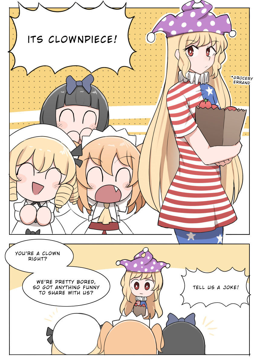 4girls ^_^ absurdres american_flag american_flag_legwear american_flag_print american_flag_shirt ascot bag black_bow black_hair black_ribbon blonde_hair blue_ribbon blunt_bangs blush_stickers bow chibi circle_hands closed_eyes clownpiece comic commentary crossed_bangs dress drill_hair english_commentary english_text fairy_wings fang groceries grocery_bag hair_ribbon hands_on_own_face hat highres jester_cap long_hair luna_child mata_(matasoup) medium_hair multiple_girls neck_ruff no_wings notice_lines open_mouth orange_hair polka_dot_headwear print_shirt red_eyes ribbon shopping_bag sidelocks star_sapphire sunny_milk swept_bangs tomato touhou triangle_mouth wavy_hair white_dress white_headwear wings yellow_ascot