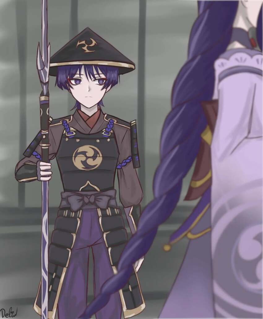 1boy 1girl alternate_costume alternate_universe arm_at_side armor black_hat black_shrug blunt_ends blurry brown_kimono closed_mouth delisha_lia depth_of_field dou expressionless genshin_impact hand_up hat highres holding holding_polearm holding_weapon japanese_armor japanese_clothes jingasa juban kimono kusazuri long_hair long_sleeves looking_at_another low-braided_long_hair low-tied_long_hair mitsudomoe_(shape) mother_and_son obi pants polearm purple_eyes purple_hair purple_kimono purple_pants purple_pupils purple_rope purple_sleeves raiden_shogun red_kimono rope sash scaramouche_(genshin_impact) shoulder_armor shrug_(clothing) signature sode split_mouth standing tomoe_(symbol) tsurime very_long_hair weapon wispy_bangs