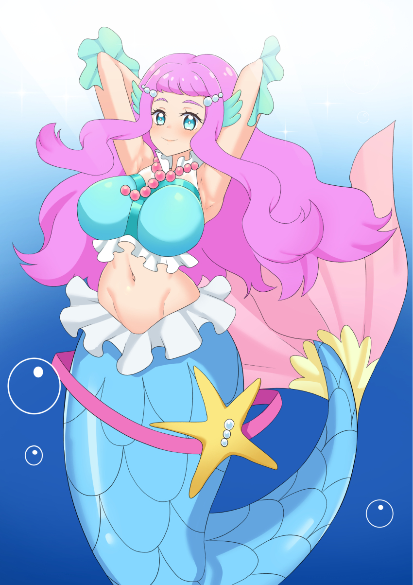 1girl alternate_breast_size arm_up armpits blue_eyes breasts female_focus fins frills head_fins highres large_breasts laura_(precure) mermaid monster_girl navel precure puffywaffles purple_hair scales solo tropical-rouge!_precure