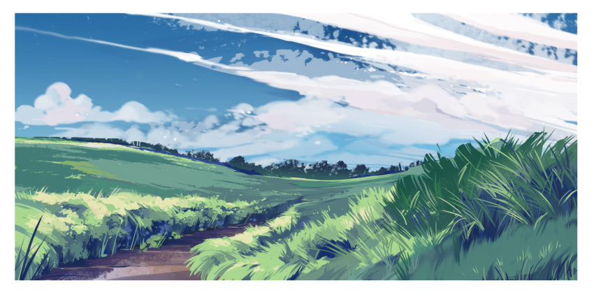 blue_sky cloud cloudy_sky cumulonimbus_cloud dappled_sunlight day field grass highres hill horizon landscape nature no_humans original outdoors path plant road scenery sky sunlight tree victoria_joh